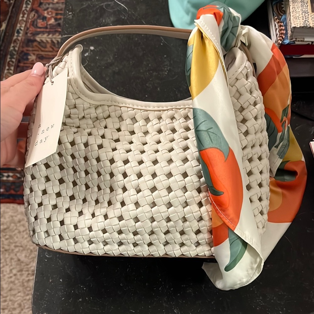 Woven White Handbag with Scarf Accent